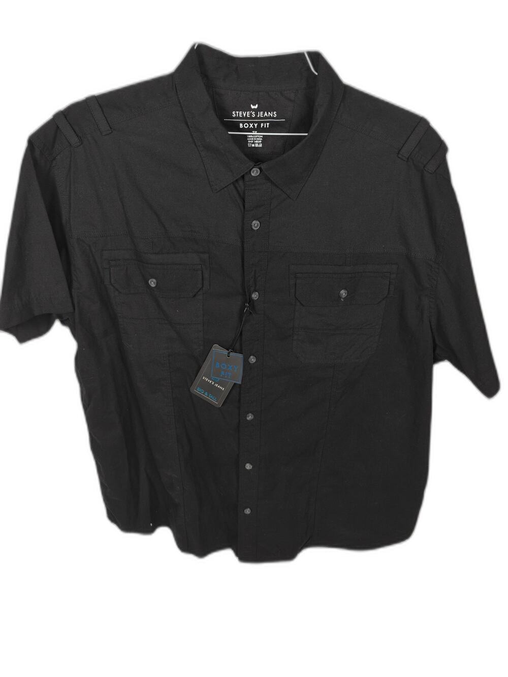NWT Steve's Jeans Men's 2X Boxy Fit Black Short Sleeve Button Front Shirt